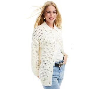 ASOS DESIGN Open Stitch Knit Cardigan Shirt Collared Cream Cotton Womens Small